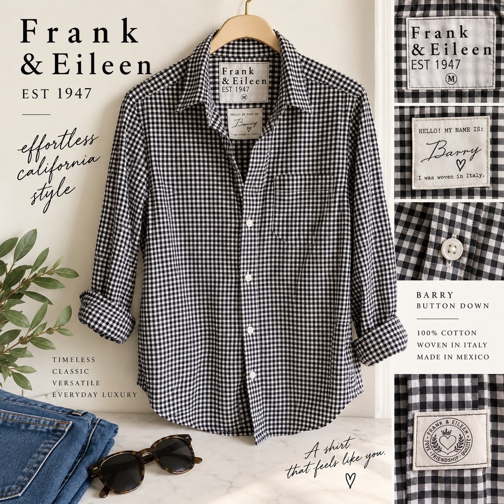 Frank & Eileen Barry Gingham Button Down Shirt Black White Cotton Size M